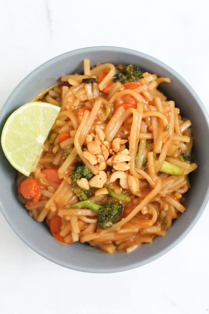 looking down view of complete vegan pad thai dish