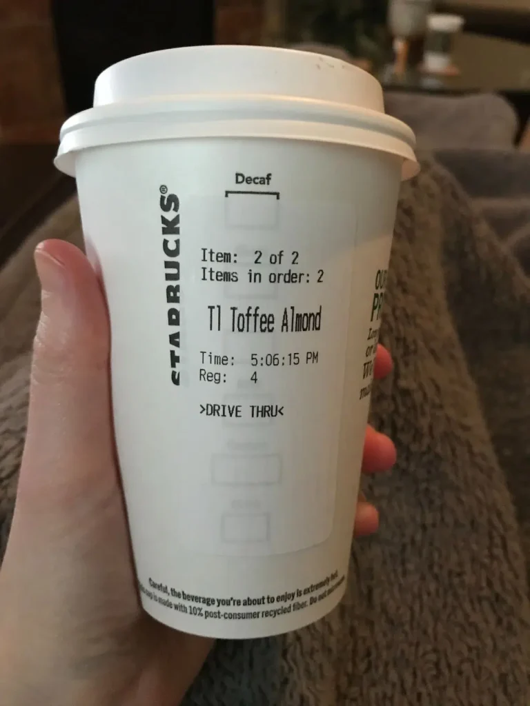 starbucks hot chocolate made vegan with almond milk, no whipped cream, and toffee nut syrup