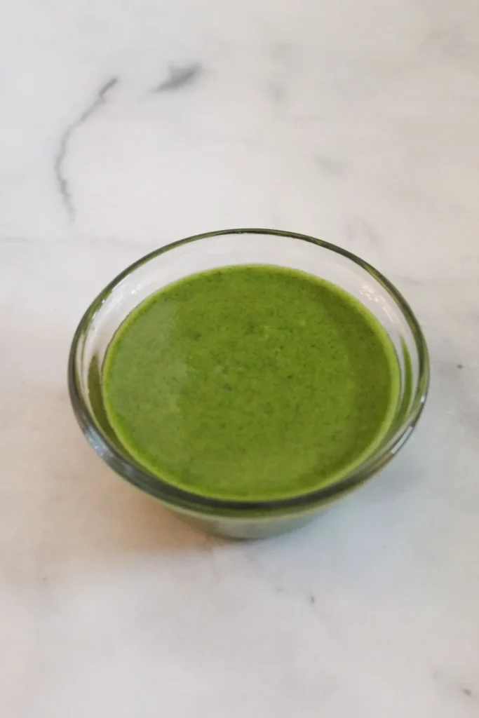 close up picture of finished pesto sauce 