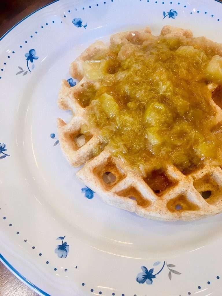 Rhubarb sauce on a waffle